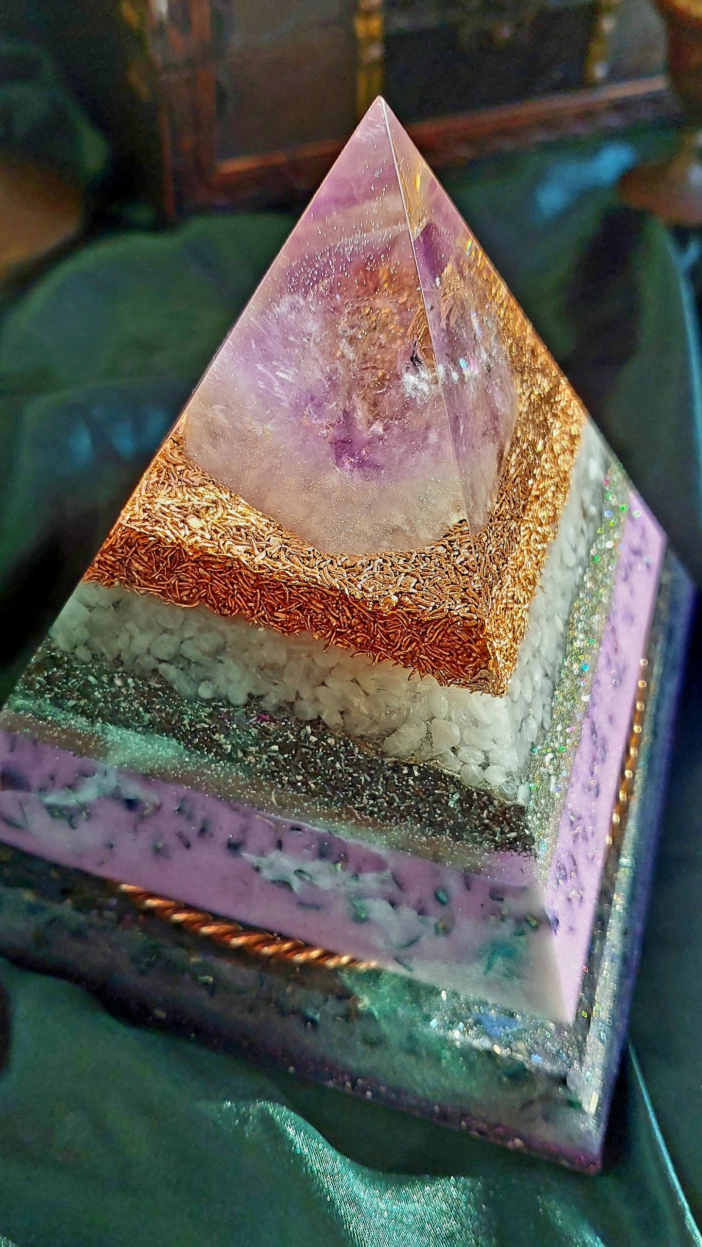 Large Amethyst Orgonite Pyramid with Sacred Cubit Tensor Ring