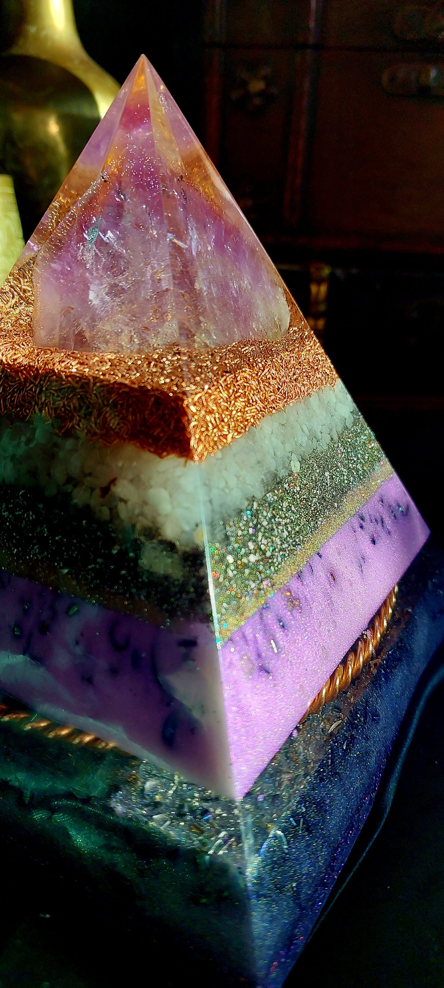 Large Amethyst Orgonite Pyramid with Sacred Cubit Tensor Ring