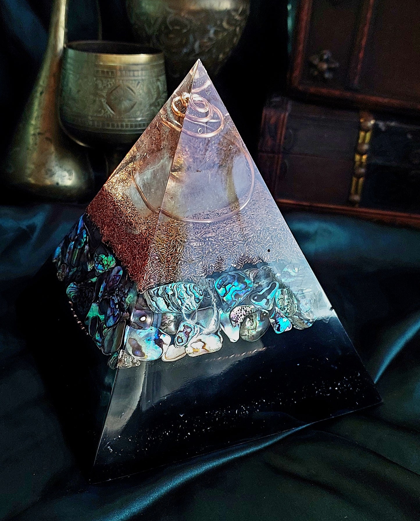 Large Abalone Orgonite Pyramid with Copper-Wrapped Quartz & Atlantis Cubit Tensor Ring