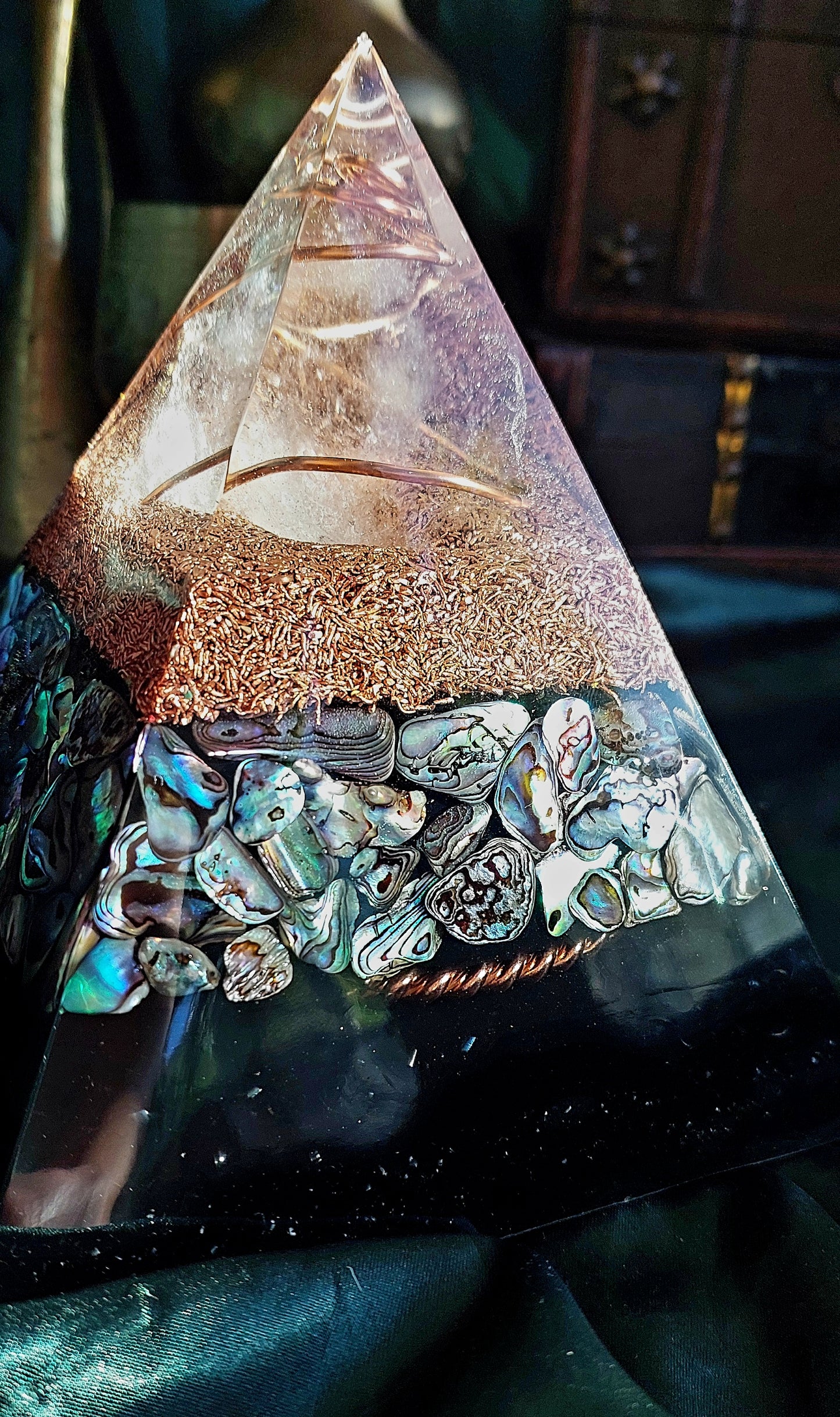 Large Abalone Orgonite Pyramid with Copper-Wrapped Quartz & Atlantis Cubit Tensor Ring