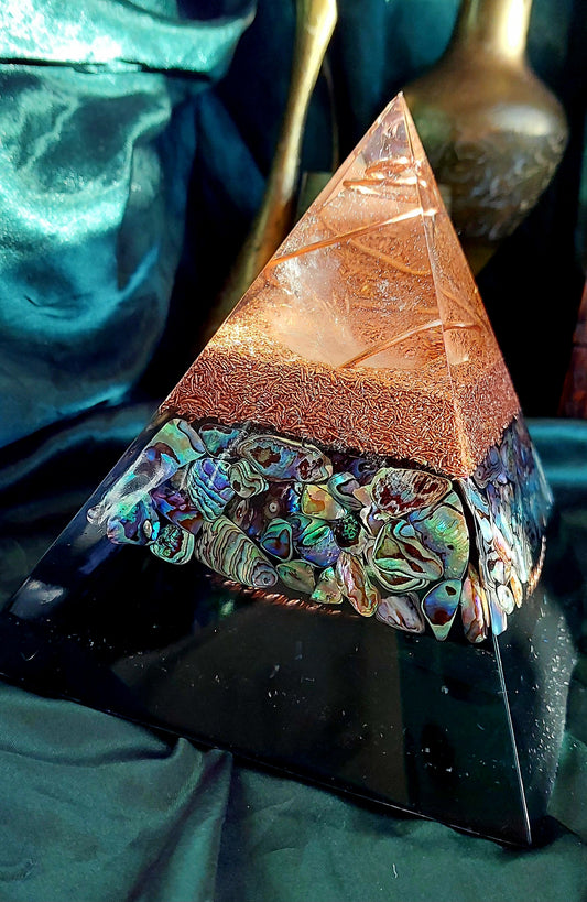 Large Abalone Orgonite Pyramid with Copper-Wrapped Quartz & Atlantis Cubit Tensor Ring - The Soulful Garden