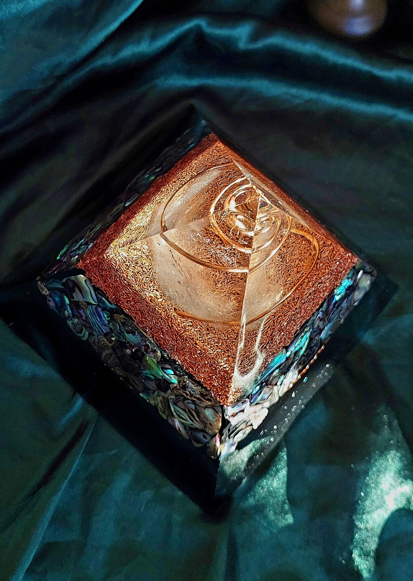 Large Abalone Orgonite Pyramid with Copper-Wrapped Quartz & Atlantis Cubit Tensor Ring