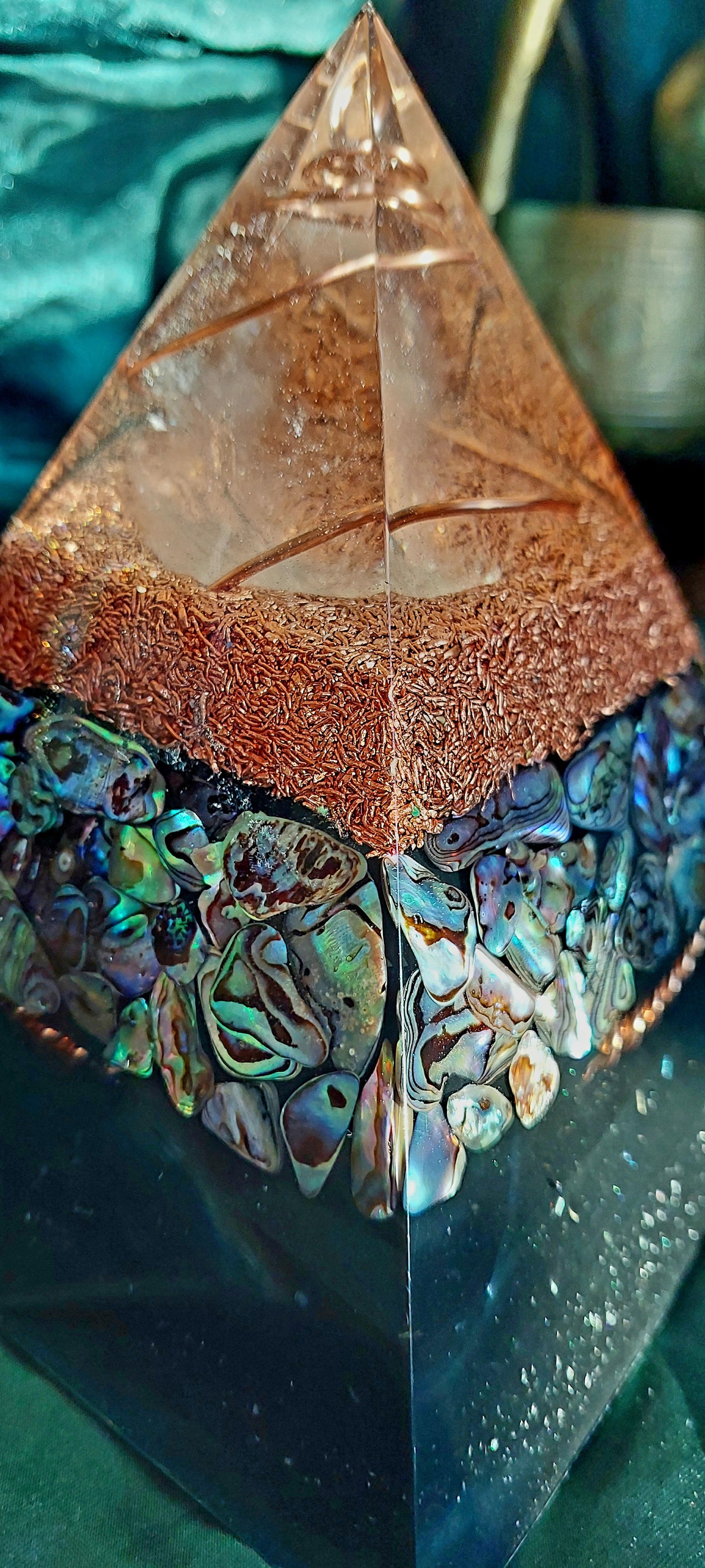 Large Abalone Orgonite Pyramid with Copper-Wrapped Quartz & Atlantis Cubit Tensor Ring