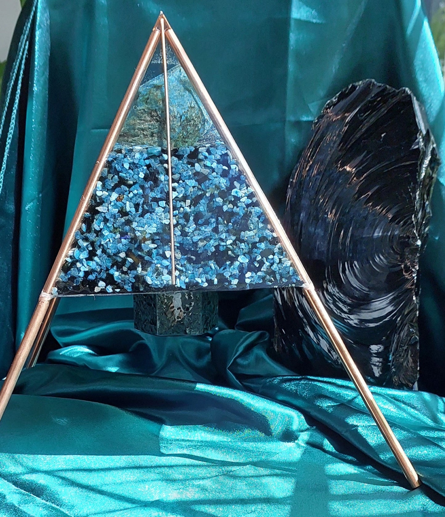 Grand Ascension - Blue Apatite & Black Obsidian Orgonite Pyramid with Copper Stand Legs