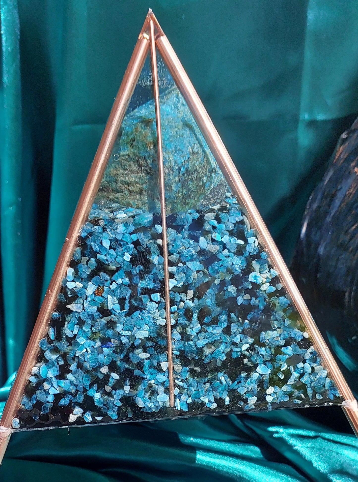 Grand Ascension - Blue Apatite & Black Obsidian Orgonite Pyramid with Copper Stand Legs